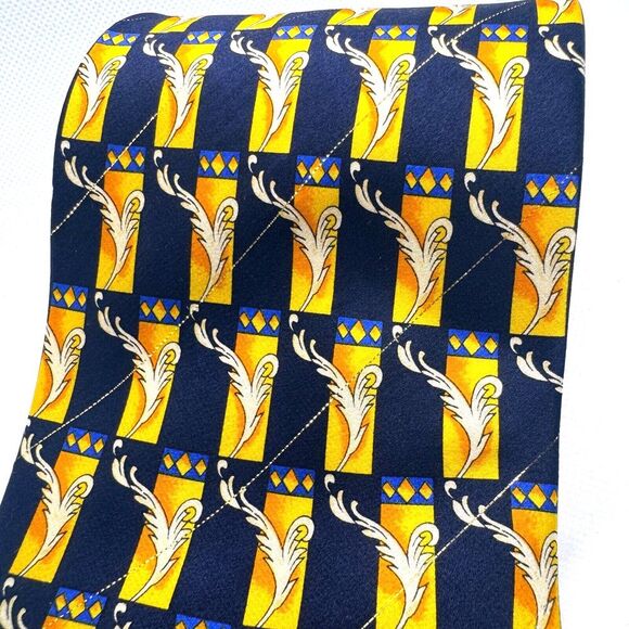 Viva Cravat Vintage Silk Necktie Navy Blue Yellow Gold Patterned Designer - Picture 2 of 4